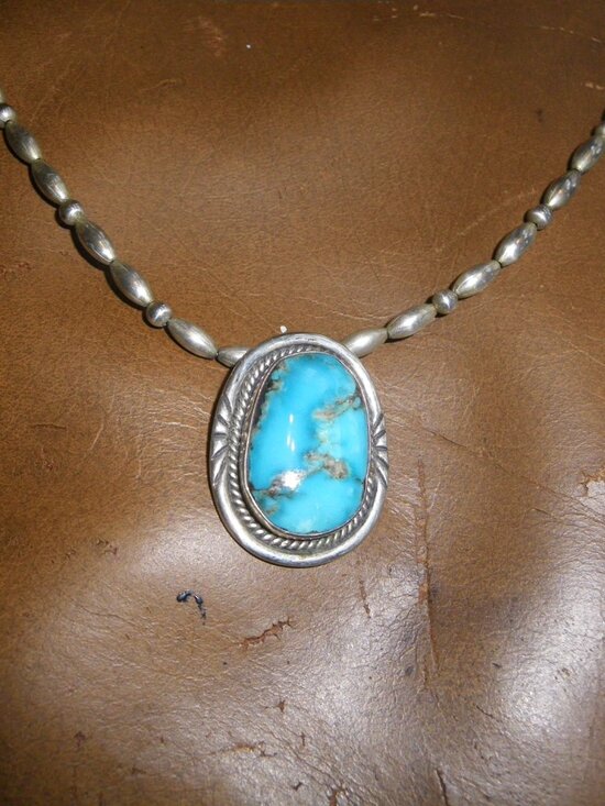 Vintage Women’s Sterling Silver Beaded Necklace w/ Turquoise Pendant - Picture 2 of 4